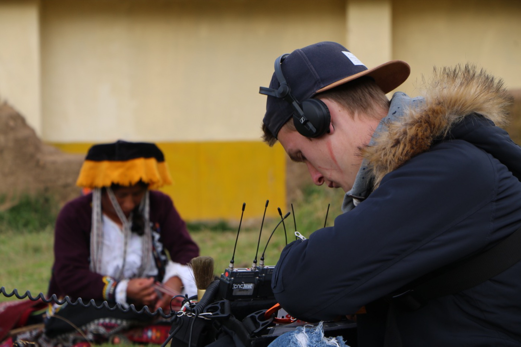 Sound recordist at work during a documentary shoot