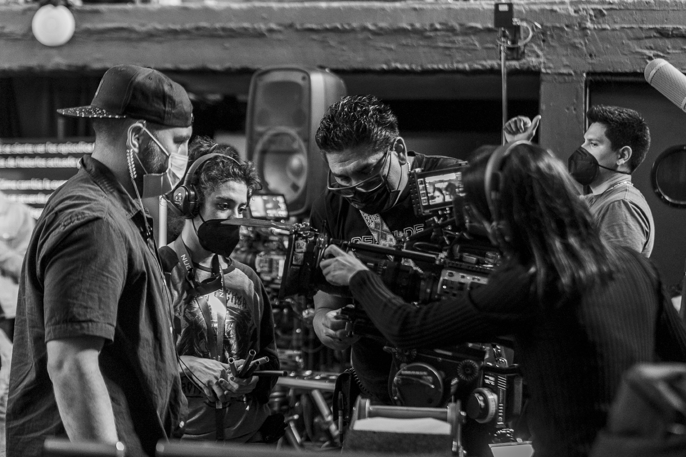 Camera crew at work on an oceanfront deck